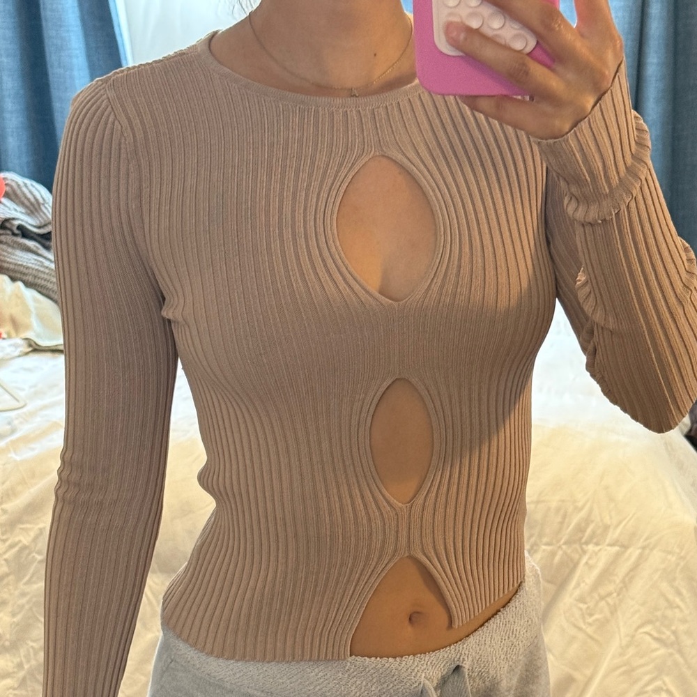 Glassons Tan Ribbed Keyhole Knit Top